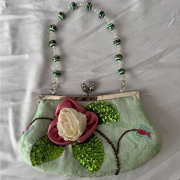 Vintage Beaded Floral Satin Purse – Mint Green Sequin Clutch Embellished - Picture 1 of 10